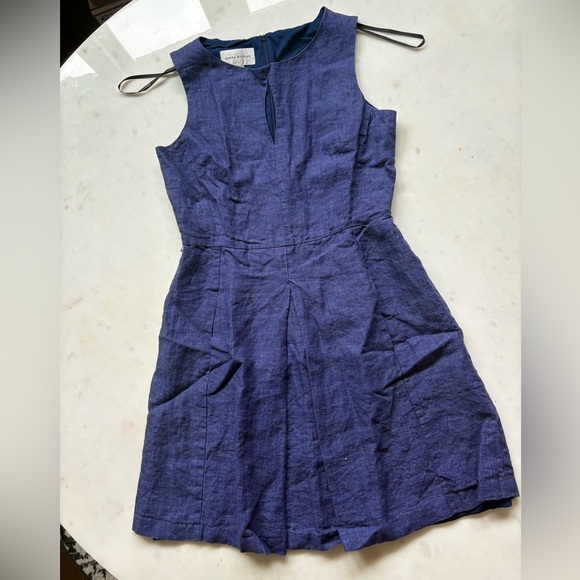 Donna Morgan Linen Mini Dress 6 Fit & Flare Navy Denim Keyhole Sheath Sleeveless - Picture 7 of 9